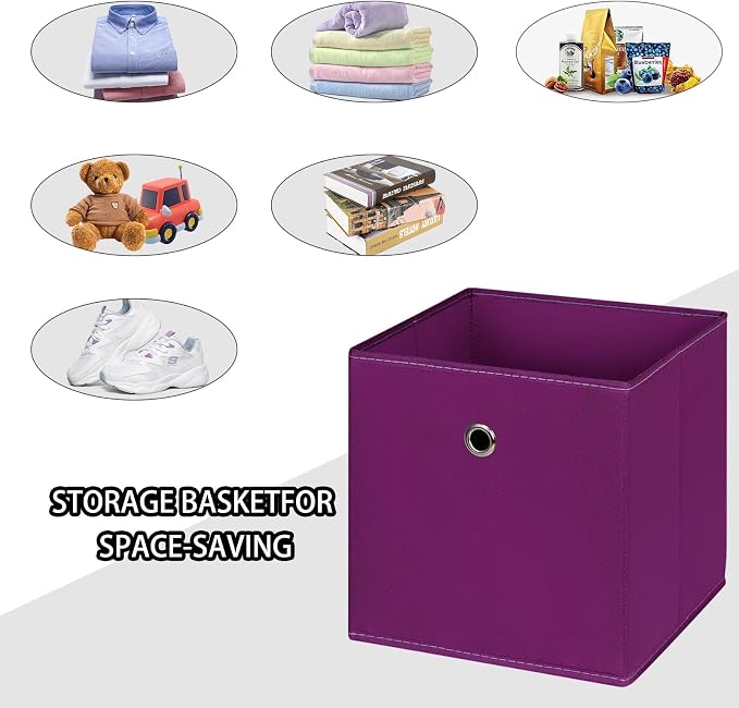 Foldable Storage Cubes Bins ,11 Inch Cloth Storage Cube Fabric Storage Box Cubes Organizer Baskets with Handles for Home Organizer Set of 6 (Purple)