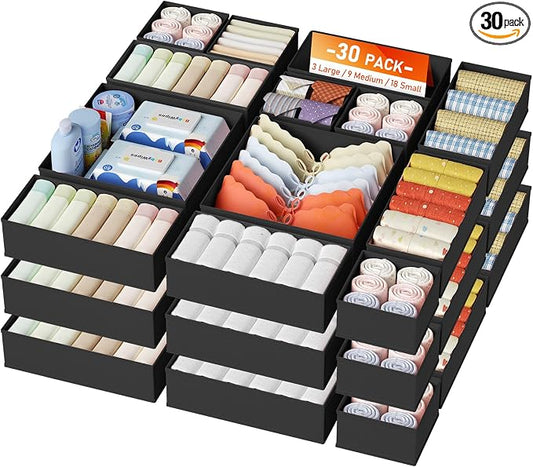 DIMJ Drawer Organizer Clothes, 30 Pack Dresser Organizer, Foldable Closet Organizers and Storage, Fabric Dresser Bins, Drawer Dividers for Nursery, Baby Clothes, Underwears, Sock,Black