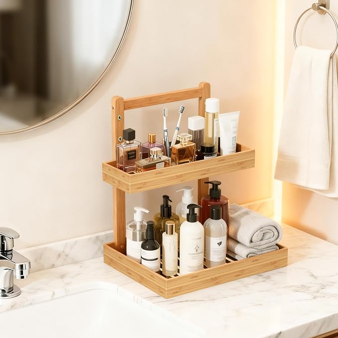 Bamboo Undersink Organizer Storage - 2-Tier Cabinet Shelf with Adjustable Levels, Under Sink Storage Slide Out for Cabinet Pantry Kitchen Bathroom (Natural)