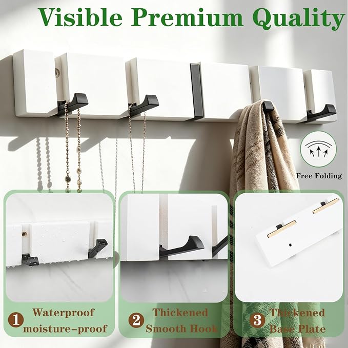 Wall Mounted Coat Rack, Heavy Duty Folding Coat Hooks Wood Retractable Wall Hooks for Hanging Purse Clothes Keys, Towel Hooks Rack for Bathroom Wall Coat Hanger for Entryway (5 Hooks,White)