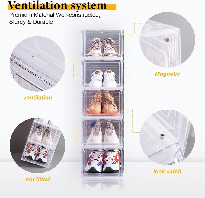 Attelite Shoe Storage Boxes Stackable Clear Shoe Organizer,6 Pack Black | Clear Shoe Box for Entryway Closet,Fit up to Men's Size 12,Magnetic Door,Tool-free Assembly,Drop Front Shoe Box for Sneaker