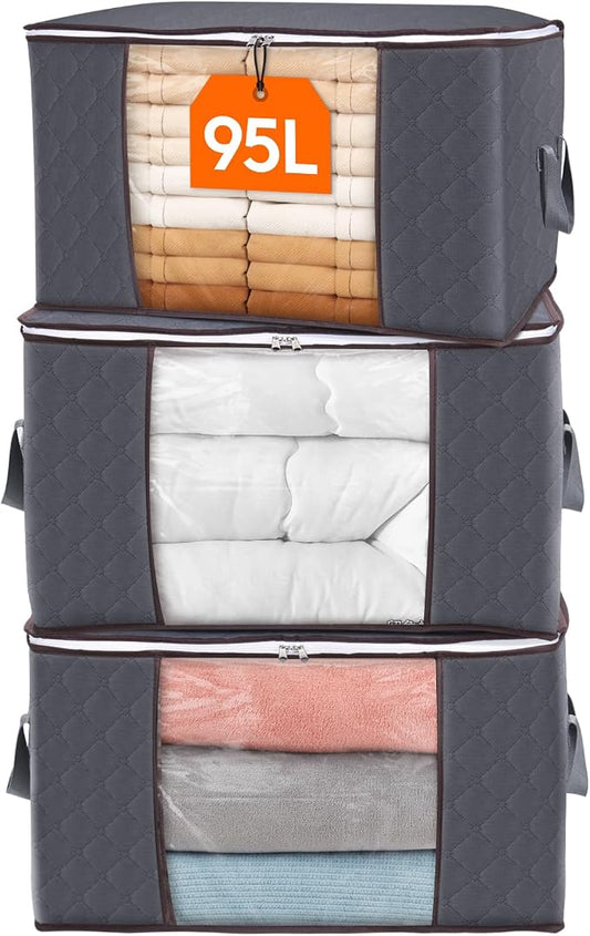 Lifewit 3 Pack 90L Clothes Storage Bins with Lids, Foldable Blanket Storage Bags with Zippers, Clear Window and Reinforced Handles, Closet and Organization for Clothing, Sweater, Comforter, Bedding