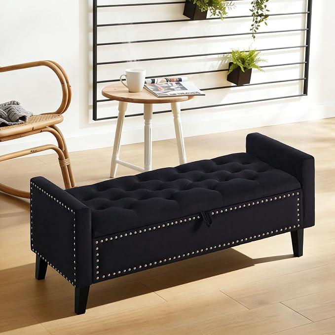 47in Velvet Storage Ottoman Bench with Arms, Upholstered Storage Bench with Wooden Legs, Storage Bench for Bedroom, Living Room, Entryway, Black