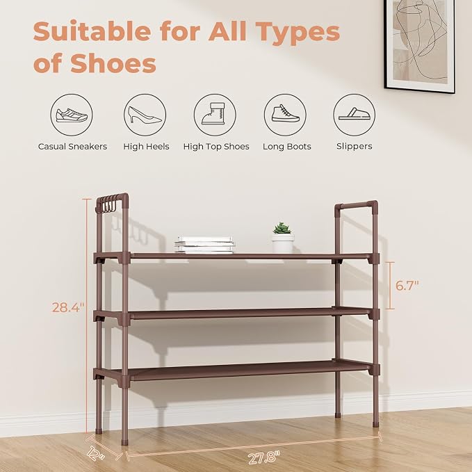 LANTEFUL 3 Tier Shoe Rack for Closet Shoe Organizer with 5 Hooks, Long Shoe Shelf Storage for Shoe and Boot Stackable Free Standing Shoe Rack for Entryway, Garage, Small Spaces, Dorm, Brown