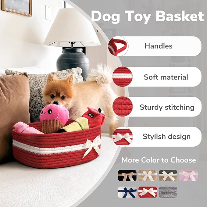 CHICVITA Small Woven Rope Gift Basket,Decorative Christmas Basket, Red | 13" x 10" x 5", Toys, Towels, Baby Essentials & Party Supplies Organizer, Shelf & Living Room Storage, Built-In Handles