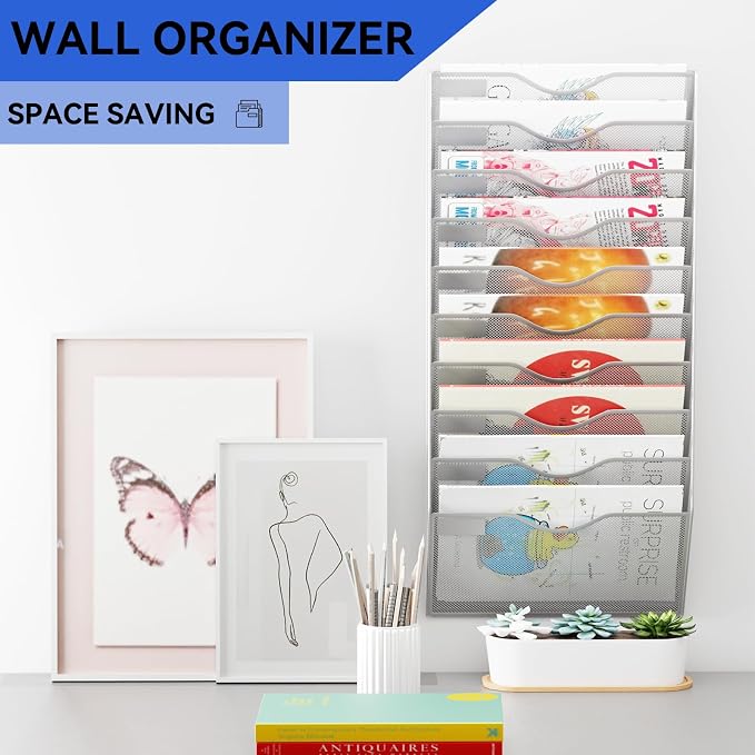 10 Pockets Mesh Hanging Wall File Holder Organizer Wall Mounted Paper Magazine Rack, Silver