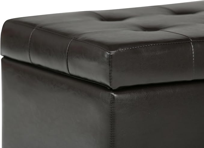 SIMPLIHOME Dover 36" Wide Vegan Leather Storage Ottoman in Distressed Black | Tanners brown, transitional storage ottoman with tufting and lift-up lid; rectangle storage bench for living room.