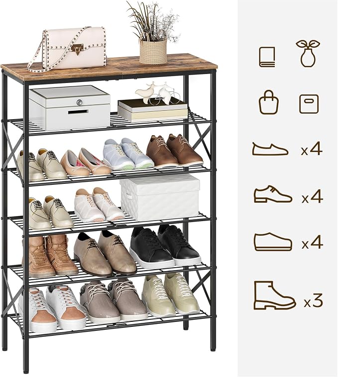 YATINEY 6-Tier Shoe Rack, Shoe Storage Organizer for Closet, Free Standing Shoe Organizer with Metal Mesh Shelves, 24 Pairs of Shoes, Rustic Brown and Black SS06BR