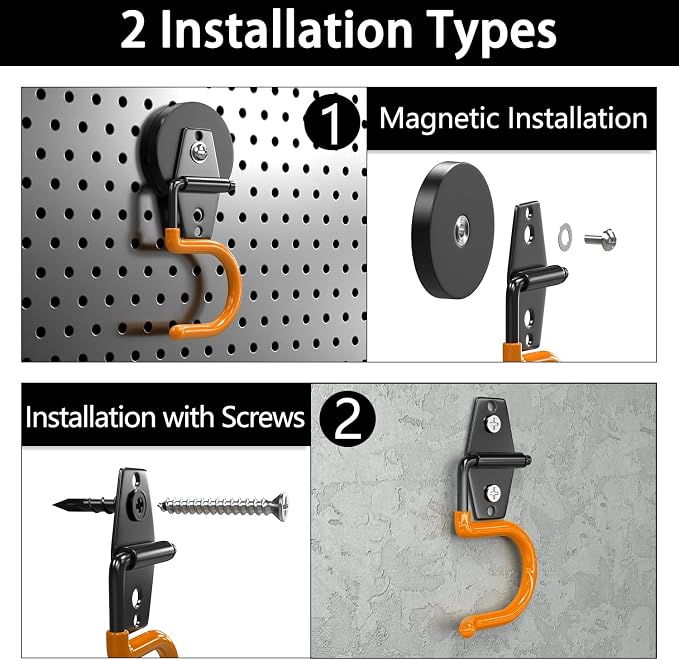 3-H Magnetic Mop Broom Holder and Mop Organizer 4 Pack, Heavy Duty Strong Utility Magnetic Tools Holde, Anti-Slip Strong Metal Garden Tool Rack for Garage, Laundry, Garden (Orange)