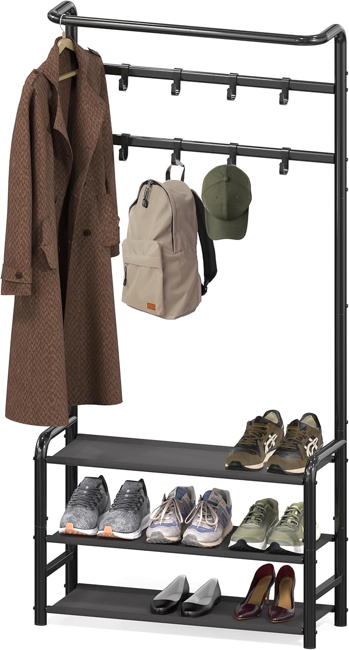 Simple Houseware Coat Rack with Shelf, Standing Hall Tree with Hooks, Black | For Entryway, Bedroom, Office, Black Metal Clothes Hanger Stand for Coats, Hats, Jackets, Bags