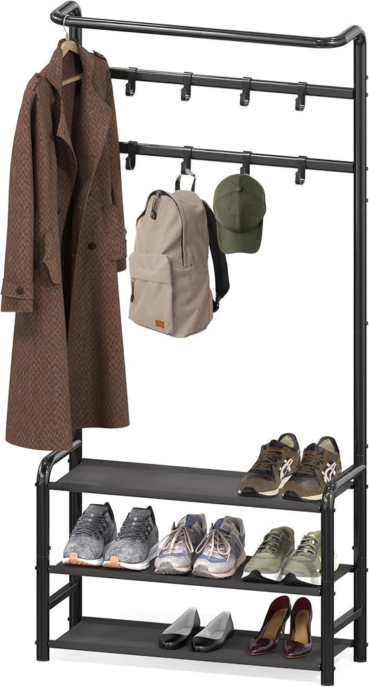 Simple Houseware Coat Rack with Shelf, Standing Hall Tree with Hooks, Black | For Entryway, Bedroom, Office, Black Metal Clothes Hanger Stand for Coats, Hats, Jackets, Bags