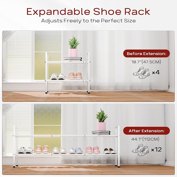 Bumusty 2 Tier Long Expandable Shoe Rack for Closet, White | 18"-44" Adjustable Shoe Rack for Entryway, Shoe Organizer for Dorm, Front Door, Sturdy Metal