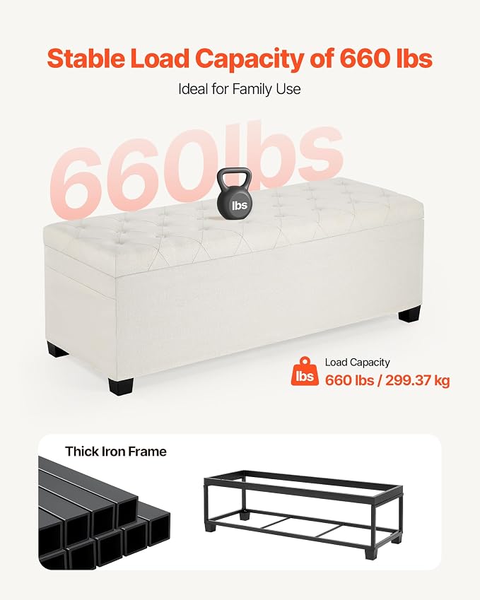 VEVOR Storage Ottoman Bench, End of Bed Bench with 2 Side Bags, Fabric Upholstered with Metal Frame, Toy Box Storage, Bed Benches for Foot of Bed, Bench for Entryway, Living Room, Playroom, Beige