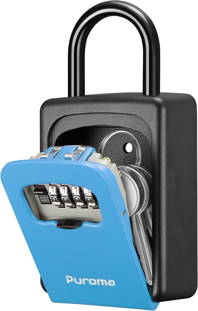 Puroma Lock Box, Large Key Lock Box Resettable Combination Code Lockbox, Portable Wall Mount Lockbox Security Safe Box for Outside Outdoor Home Office Door Handle House Key, Blue (1 Pack)