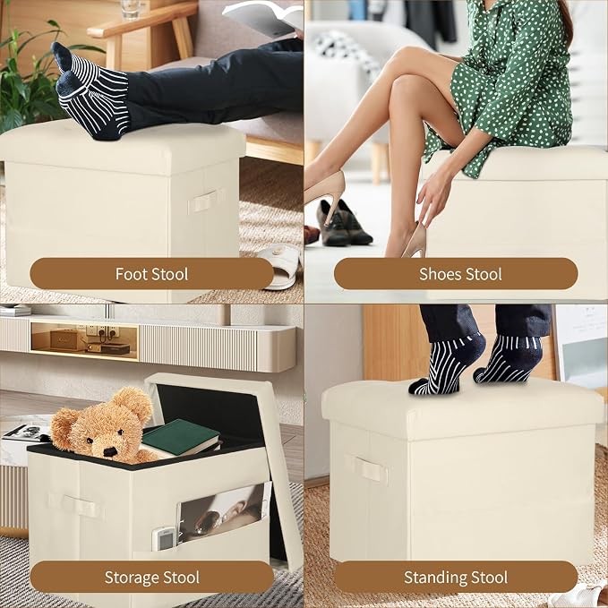 BelugaHelper Storage Ottoman Foot Rest Stool, Folding Leather Footstool Bench with Thicker Foam Padded Seat. Short Foot Stool Ottoman with Storage for Living Room Bedroom 350 lbs, 17x13x13in, Beige | Ottoman Foot Rest Stool with Thicker Foam Padded Sea...