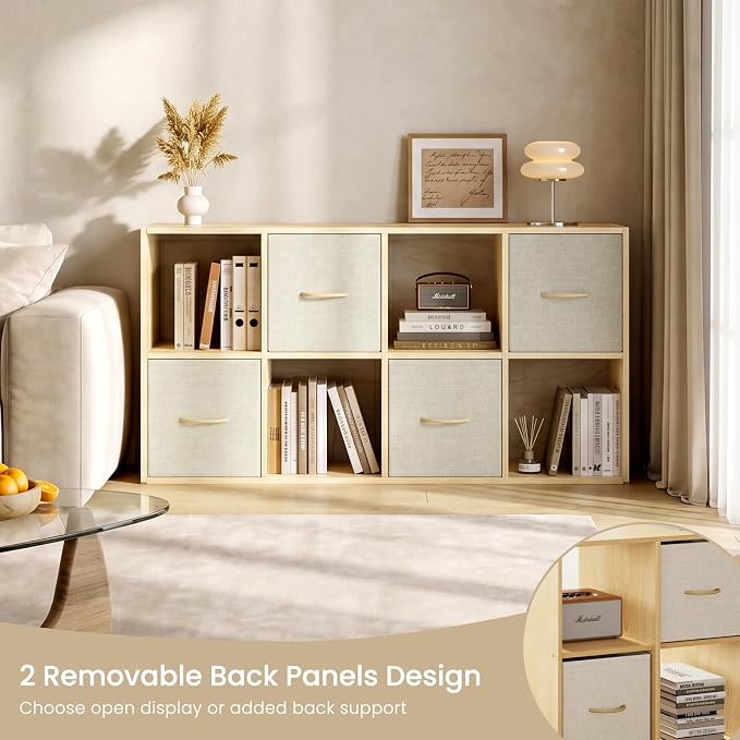 EXPERLAM 8 Cube Storage Organizer - Solid Wood Bookshelf with 4 Storage Bins, Cube Shelf with 2 Removable Back Panels, Vertical or Horizontal Bookcase, Open Book Shelf for Bedroom, Living Room, Office