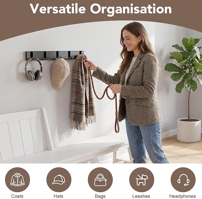 Wall Coat Rack with 5 Foldable Hooks, Black Metal Coat Hooks Hanger | Heavy-Duty Metal, Space-Saving Flip-Down Hooks, Easy Wall Mount, Ideal For Entryway, Bathroom Or Behind Doors