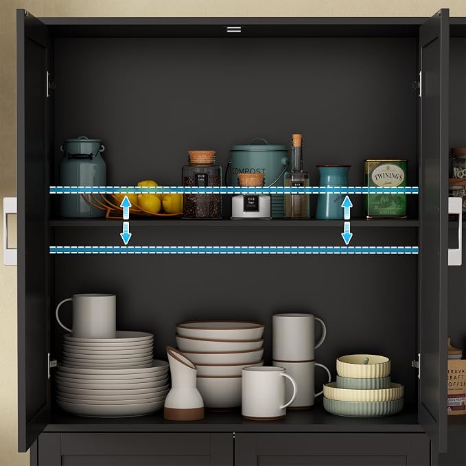 Kitchen Pantry Storage Cabinet, 64" Tall Freestanding Cupboard with Doors & Adjustable Shelves, Food Pantry Cabinet with 5-Tier External Shelf for Dining Room (Black)