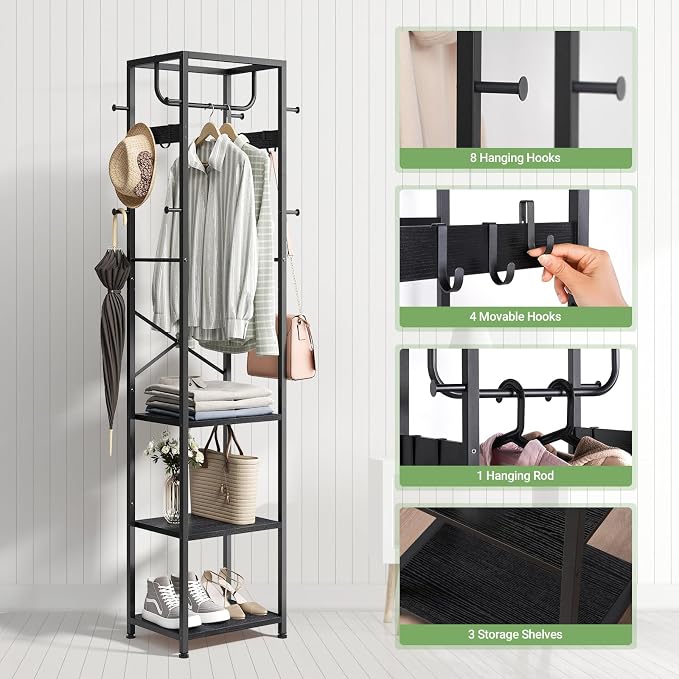 ELYKEN Coat Rack Freestanding, Hall Tree with 3 Shelves and 12 Hooks, Black | Industrial Metal Frame, Space-Saving Design, Clothes Rack Stand Organizer for Bedroom, Hallway, Entryway, Office, Living Room