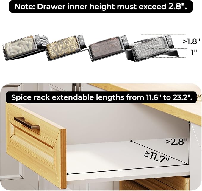Famhap Spice Drawer Organizer Expandable 6 PCS for 11.6"-23.2" Wide Drawer | Durable Plastic, Slanted Seasoning Drawer Organizer, Use for Kitchen Spices Cosmetics