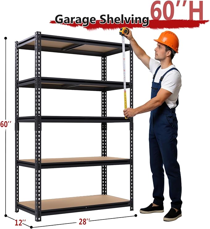 Heavy Duty Garage Shelving,5-Tier Metal Storage Shelves,2400LBS Shelving Unit,Adjustable Shelving Rack, Standing Shelf Units for Garage Storage Warehouse,28''×12''×60''