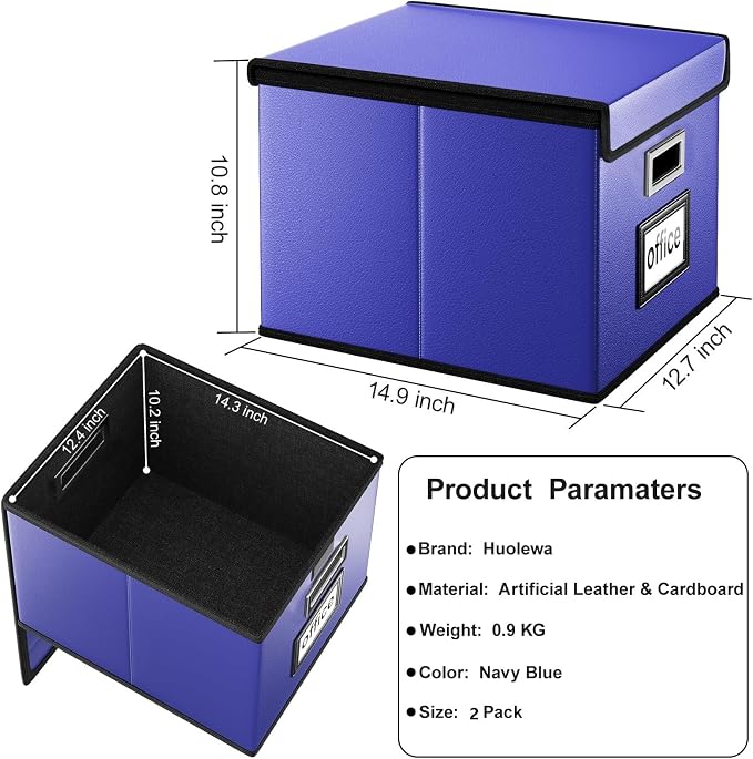 File Organizer Box with Lids, Collapsible File Folder Organizer | File Box with Plastic Slides for Document, Filing Bin for Letter Size Hanging File Folders (2 Pack, Navy Blue, Leather)