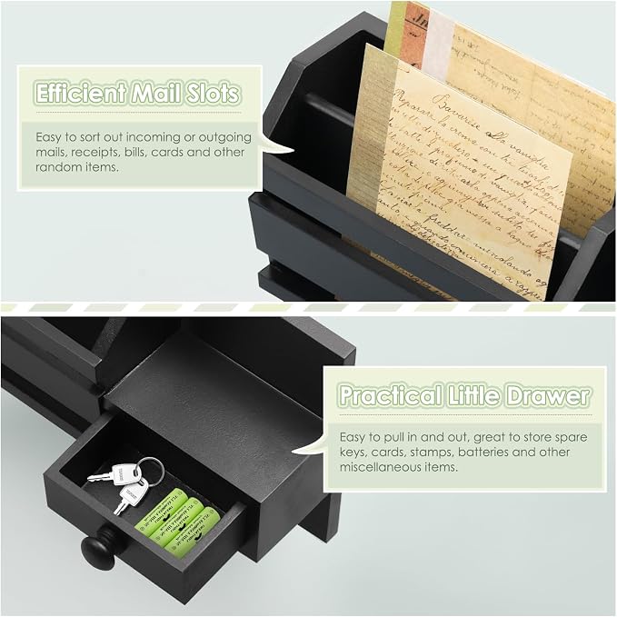 VIS'V Key Holder Wall Mount, Wooden Mail and Key Organizer, Black | Contains Little Drawer, Small Shelf, 2 Slots, 6 Hooks, for Entryway, Hallway, Doorway, Kitchen, Garage, Camper