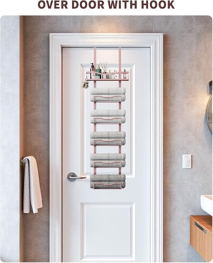 Aetyord Hanging Towel Racks for Bathroom Storage | 6-Tier Over The Door Bath Towel Storage Organizer with Metal Shelf Basket for Small Bathrooms RV Camper Rose Gold