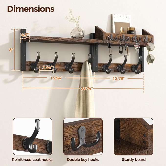 Evermagin 29" Coat Rack Wall Mount with Shelf for Entryway, Rustic Brown | Wall Mounted Coat and Key Rack with Hooks, Key Holder with Mail Organizer for Wall, Living Room, Mudroom, Bedroom
