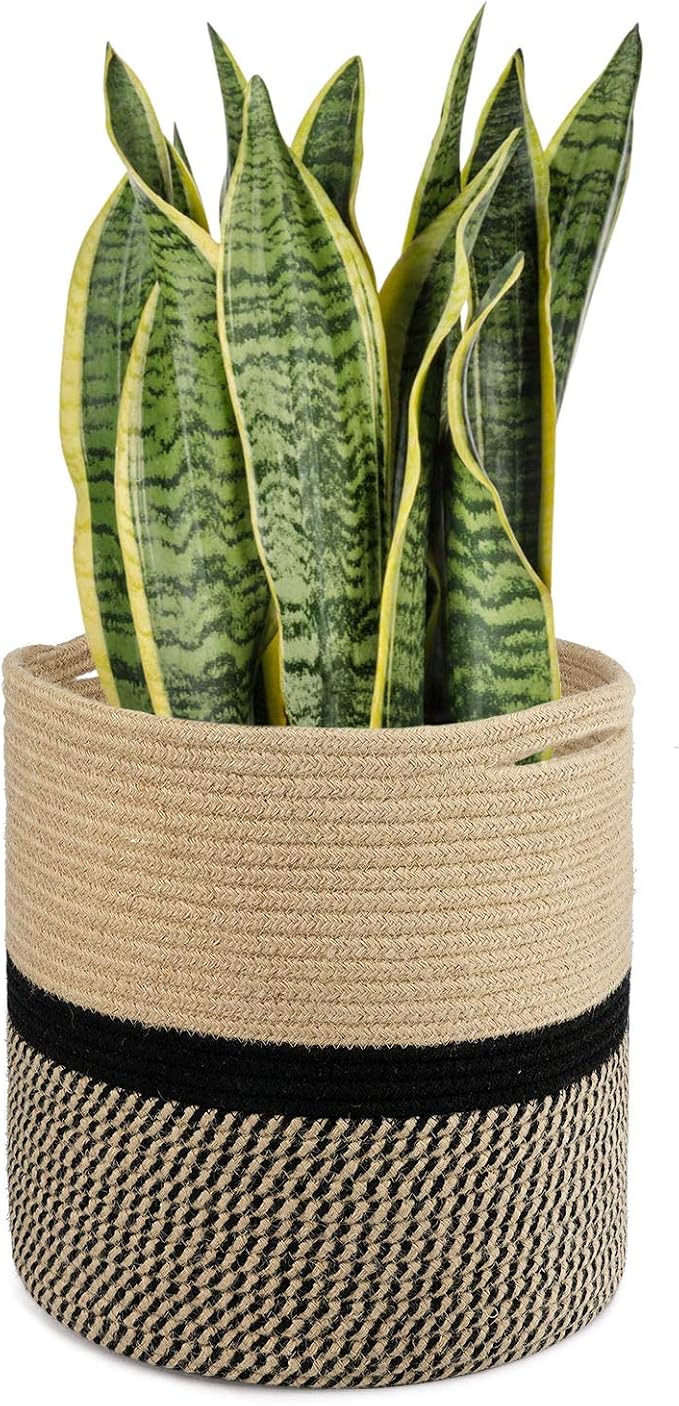 TIMEYARD Large Jute Plant Basket, Planter for Indoor Plants, Black and Jute | 12" x 12" Storage Organizer Basket Rustic Home Decor, Wicker Planter, Woven Pot for Indoor Plants