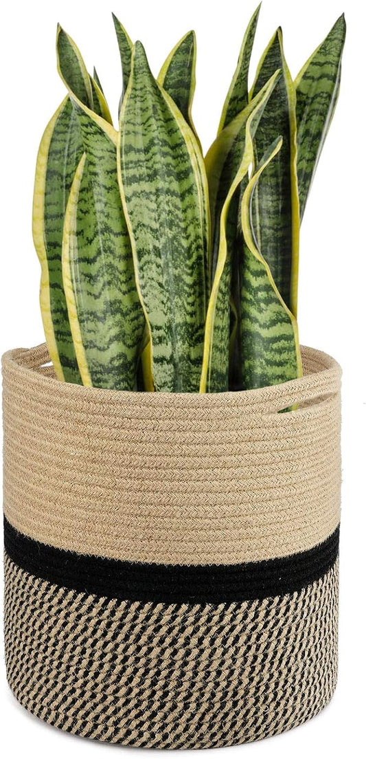 TIMEYARD Large Jute Plant Basket, Planter for Indoor Plants, Black and Jute | 12" x 12" Storage Organizer Basket Rustic Home Decor, Wicker Planter, Woven Pot for Indoor Plants