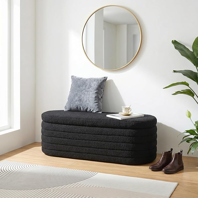 45.5" Black Ottoman with Storage, Sherpa | Upholstered Oval Design, Safety Hinge Lid, end of bed storage bench, Bedroom & Living Room, Entryway