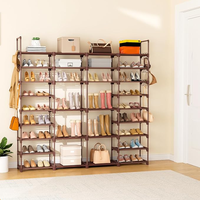 ROJASOP Large Shoe Rack Organizer for Entryway Closet 64-68 Pairs 9-Tier Heavy Duty Tall Garage Shoe Rack Shoe Shelf Shoes Storage with 18 Pcs Removable Side Hooks for Bedroom and Garage Brown