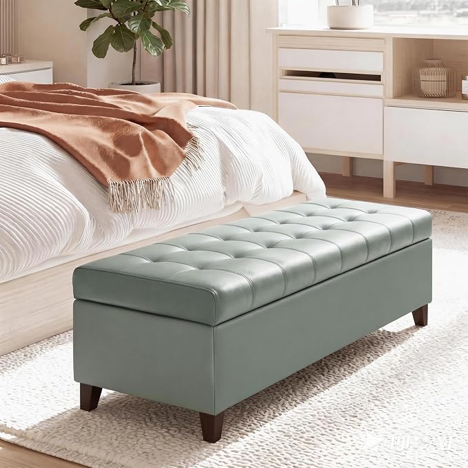 Joveco 51 Inch Storage Ottoman Bench,Tufted Leather Storage Bench for Bedroom (51”,Gray Green)