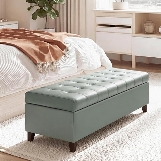 Joveco 51 Inch Storage Ottoman Bench,Tufted Leather Storage Bench for Bedroom (51”,Gray Green)