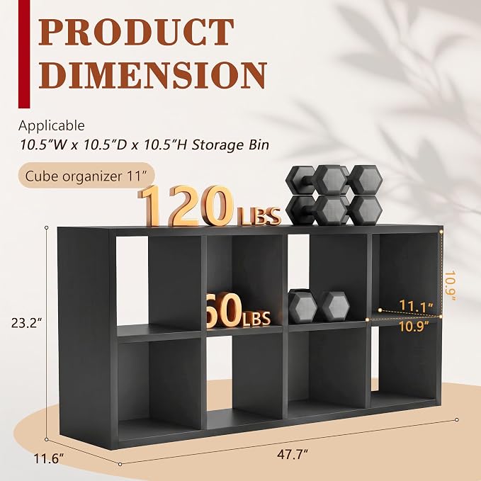8 Cube Storage Organizer, Black Cube Bookshelf, Multifunctional Bookcase | Cube Storage Organizer Shelf with Open Back and Removable Back Panels, Horizontal Bookcase for Entrance Hall Home Office