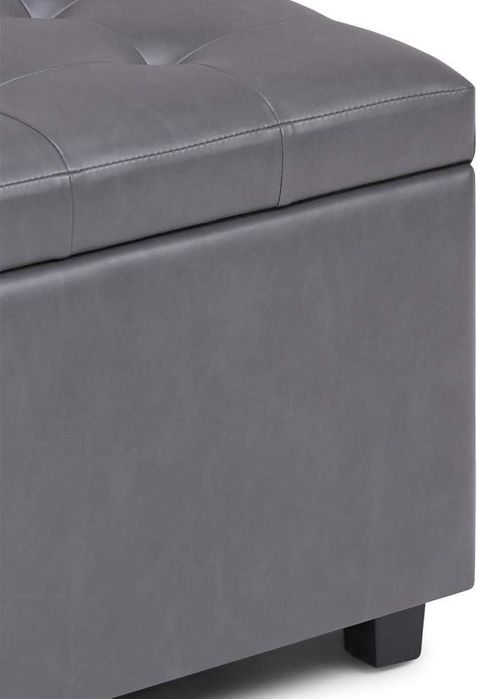 SIMPLIHOME Cosmopolitan 34" Wide Vegan Leather Storage Ottoman in Brown | Stone grey, transitional storage ottoman with tufting and lift-up lid; rectangle storage bench for living room or entryway.