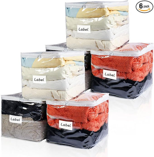 Clear Zippered Plastic Clothes Storage Bags, 6 Pack, White | Clear Storage Bags with Zipper Plastic Storage Bags for Clothes Sweaters Blankets Sheets, Size: 12 x 12 x 12 Inch