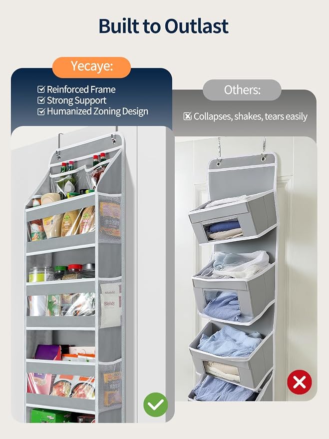 Yecaye 6 Tier Over the Door Organizer, Swing-proof Door Organizer Hanging with Clear PVC Windows, Behind the Door Storage for Bedroom Nursery Closet Laundry Pantry Bathroom, Warm Grey