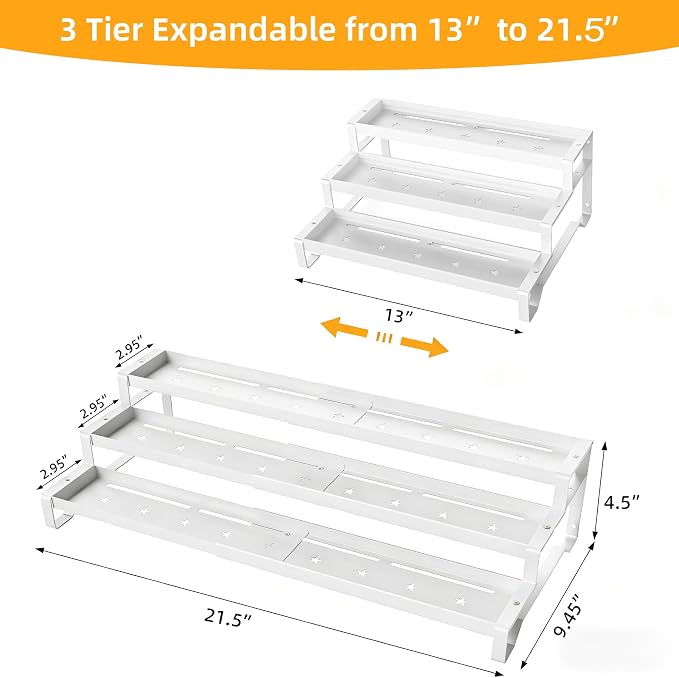 2 Pack Spice Rack Organizer for Cabinet, 13-21.5" Expandable Spicy Shelf | 9.45" Wide 3-Tier White Metal Seasoning Organizer, Kitchen Spice Organization, Slip-Resistant Guardrails for Jars and Cans