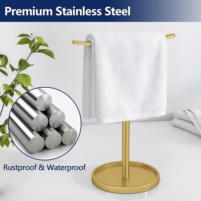 STWWO Hand Towel Holder | Stainless Steel Towel Holder Stand for Bathroom, Kitchen Countertop, T-Shaped Hand Towel Rack Stand, Gold