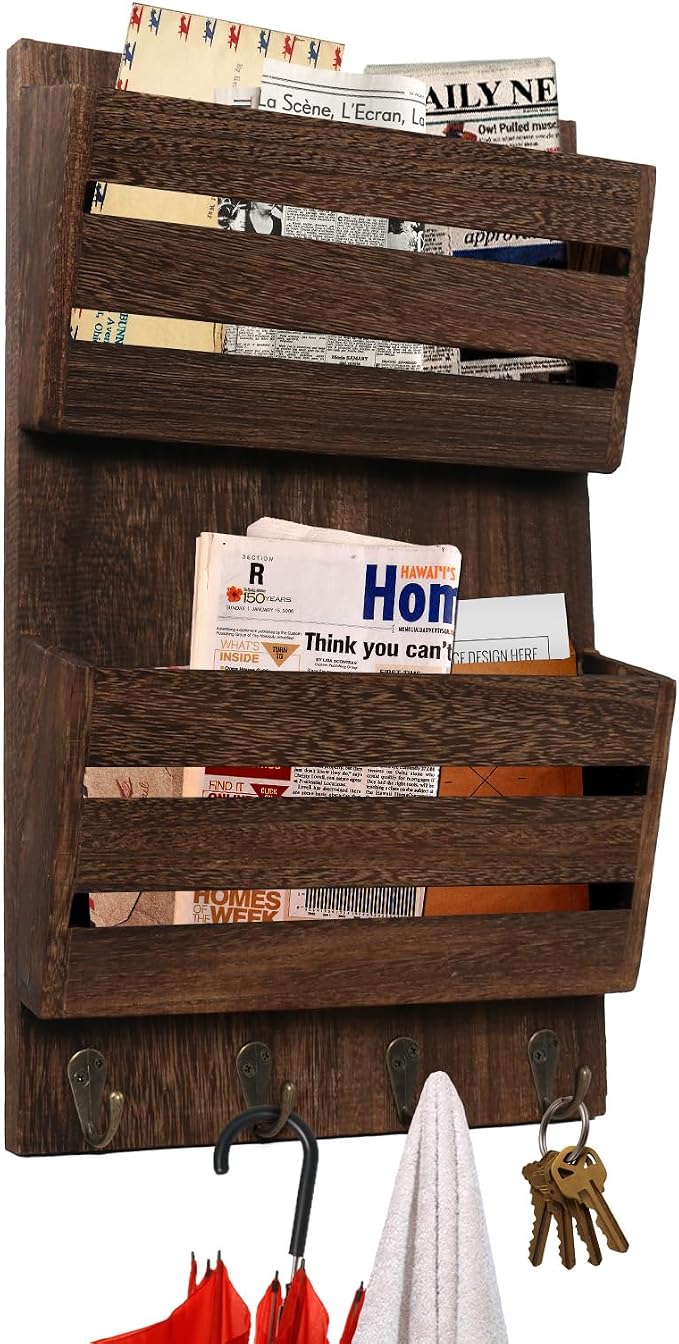 Mail Organizer Wall Mount with 4 Key Hooks, Rustic Wooden Hanging Mail Sorter Farmhouse Key Holder for Wall Decoration, 2-Slot Wall File and Magazines Bill Letter Holder (Brown)