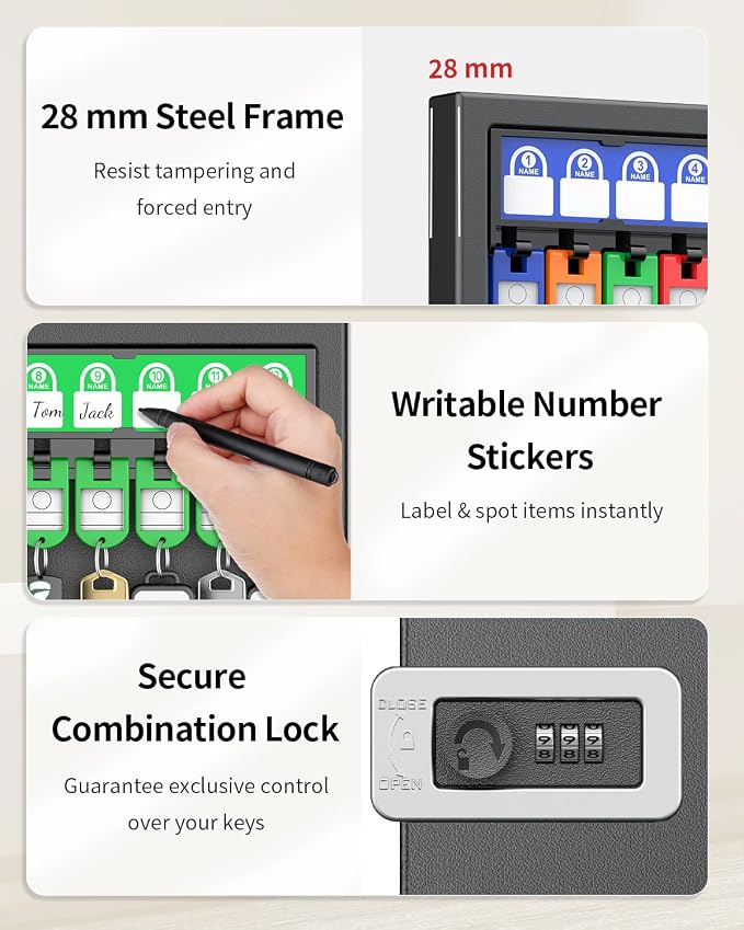 Uniclife 48 Keys Key Lock Box, Wall Mount Key Box, Key Cabinet, Car Key Organizer with Writable Key Racks and Tags, Security Key Holder Storage Box for Office, Hotel & Company