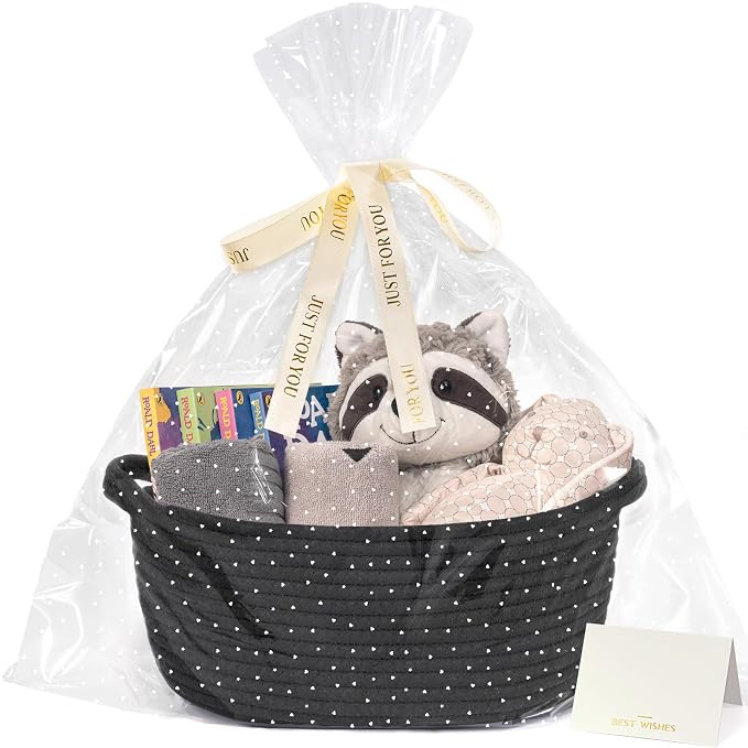CHICVITA Small Woven Boo Basket Empty with Bags & Ribbon for Gift, Black | 12"x 8"x 5" Woven Gift Basket Empty to Fill, Baskets for Organizing, Cute Basket for Dogs Cats, Organizer for Shelves