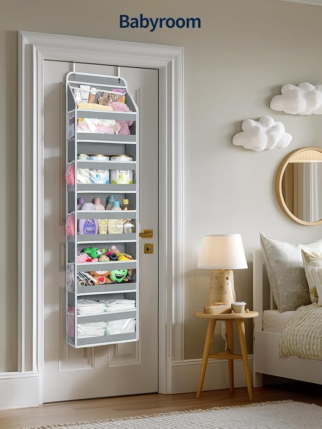 Yecaye 6 Tier Over the Door Organizer, Swing-proof Door Organizer Hanging with Clear PVC Windows, Behind the Door Storage for Bedroom Nursery Closet Laundry Pantry Bathroom, Warm Grey