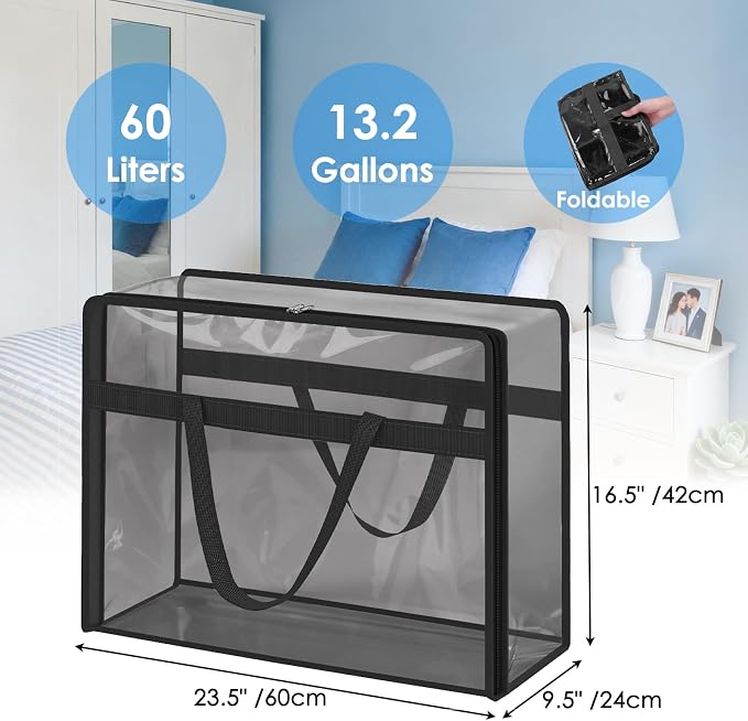 Blanket Storage Bags 4 Pack 60L Clothes Comforter Bedding Container Black | Clear Plastic Vinyl, Reinforced Handles, Zippered Closure, for Clothes Comforters Bedding and Moving