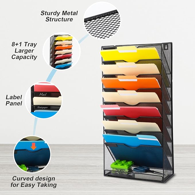 EASEPRES Desk File Organizer Mesh 9-Tier, Hanging Wall Mount Document Organization Stand, Desktop Vertical Mail Paper Folder Holder Rack with Bottom Tray for Office Home Cubicle Countertop, Black