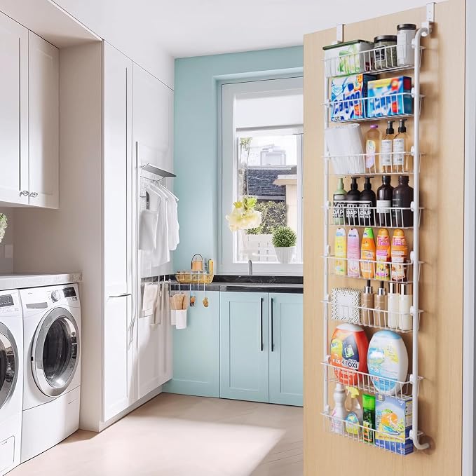 Delamu Over The Door Pantry Organizer, 8-Tier Metal Pantry Door Organization and Storage for Easy Install, Hanging Spice Rack Seasoning Shelves, Door Organizer for Kitchen, 4.65"D x 18"W x 65"H, White