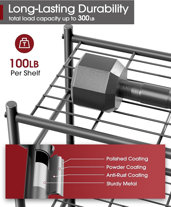 Sakugi Storage Shelves - 3 Tier Shelf Organizer, Sturdy Metal Garage Shelving with Adjustable Leveling Feet, Space-Saving Shelves Organizer for Pantry, Laundry, Kitchen (18" x 12" x 30", Black)
