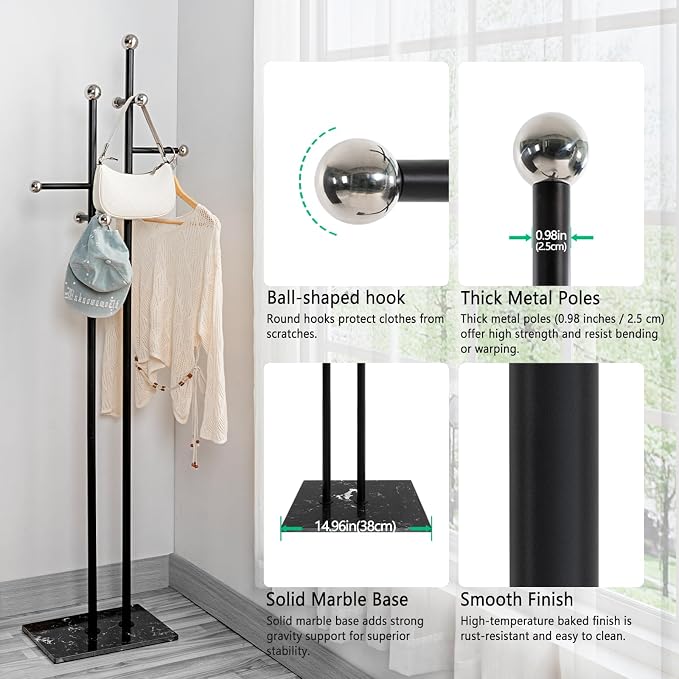 Metal Standing Coat Rack for Entryway Bedroom Living Room (Black) | Easy Assembly, Compact Footprint, Space Saver, Metal Frame, Marble Base, Sturdy, 8 Spherical Hooks, Office, Corner